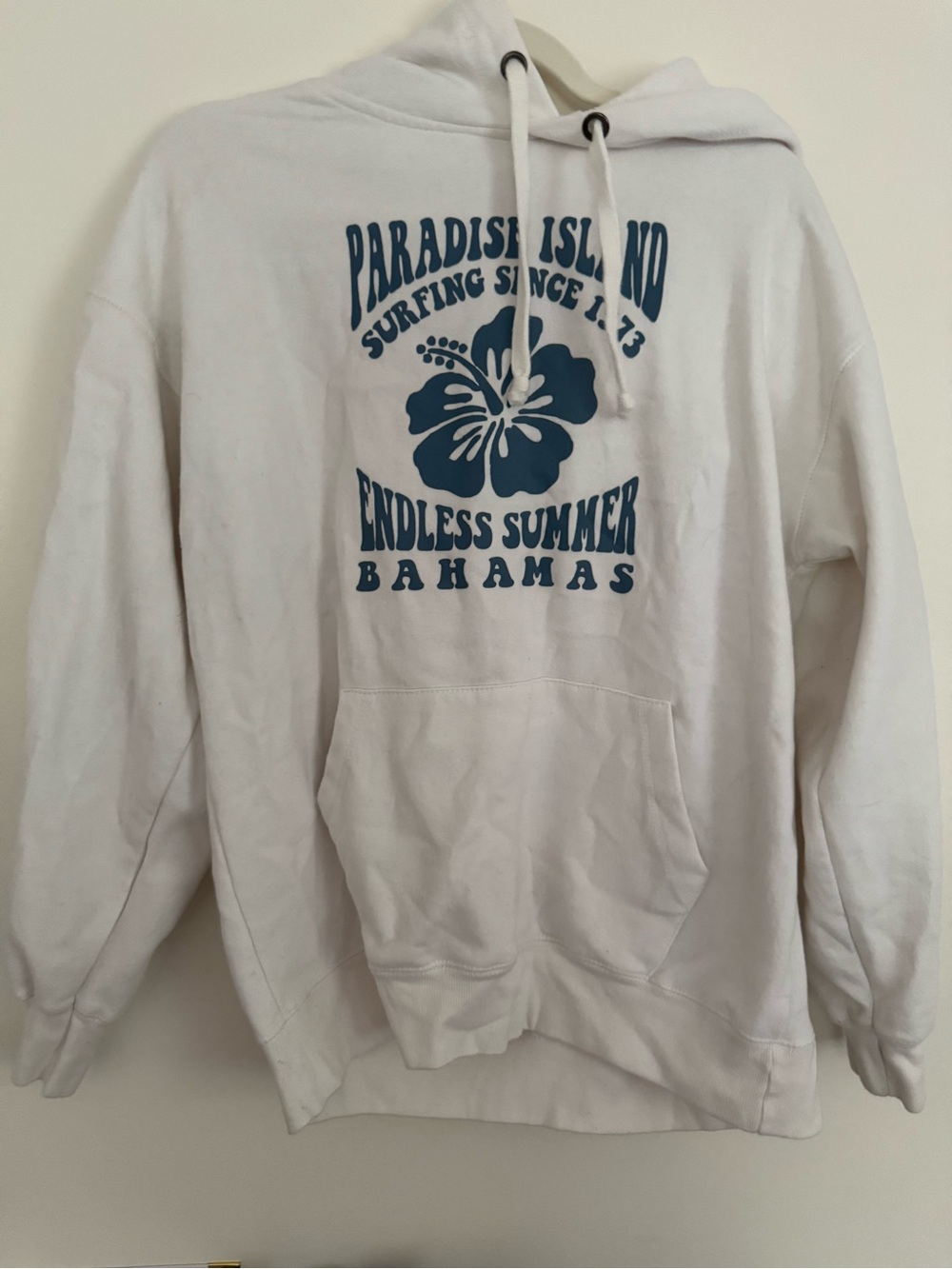 Ocean Drive White Hoodie with Blue Paradise Island Graphic